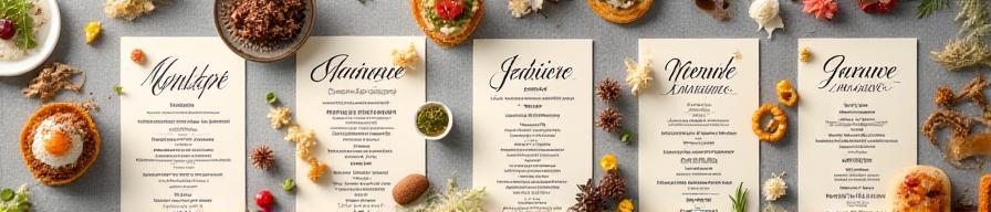 Diversi stili di menu calligrafati e presentazioni gastronomiche